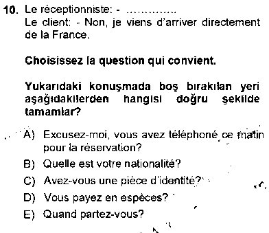 FRA201U Turizm İçin Fransızca çıkmış sınav sorusu 2