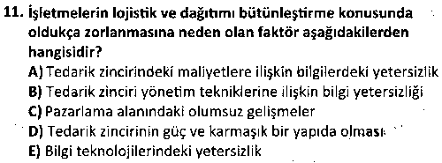 LOJ2008 Lojistik Maliyet Analizi çıkmış sınav sorusu 3