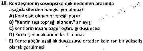 YER2007 Yerleşim Sosyolojisi çıkmış sınav sorusu 2