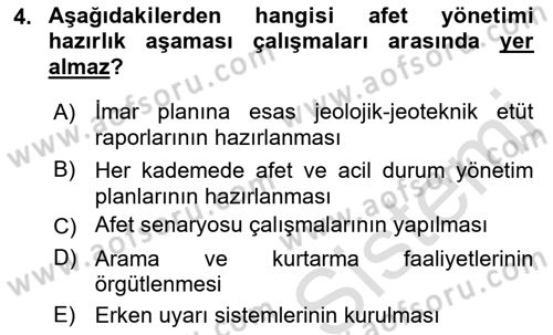 Afet Yönetimi 1 Dersi 2022 - 2023 Yılı (Vize) Ara Sınav Soruları 4. Soru