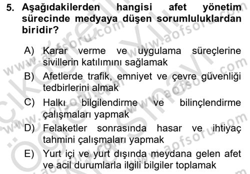 Afet Yönetimi 2 Dersi 2024 - 2025 Yılı (Vize) Ara Sınav Soruları 5. Soru