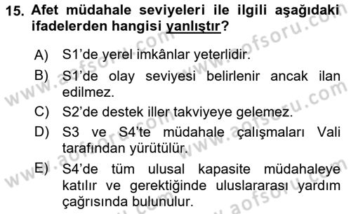 Afet Yönetimi 1 Dersi 2021 - 2022 Yılı (Final) Dönem Sonu Sınav Soruları 15. Soru