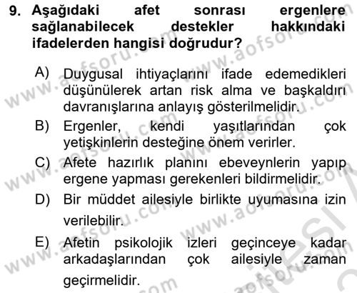 Afet Psikolojisi ve Sosyolojisi Dersi 2022 - 2023 Yılı Yaz Okulu Sınav Soruları 9. Soru