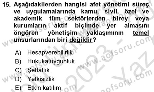 Afet Yönetimi 2 Dersi 2023 - 2024 Yılı Yaz Okulu Sınav Soruları 15. Soru