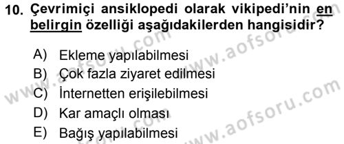 Büro Teknolojileri Dersi 2015 - 2016 Yılı Tek Ders Sınav Soruları 10. Soru