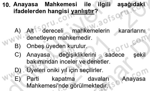 İdari Yargı Dersi 2021 - 2022 Yılı (Vize) Ara Sınav Soruları 10. Soru