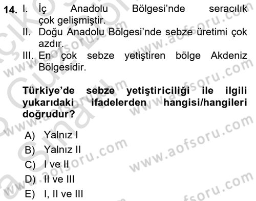 Gıda Coğrafyası Dersi 2022 - 2023 Yılı (Vize) Ara Sınav Soruları 14. Soru