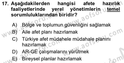 Afet Yönetimi 1 Dersi 2024 - 2025 Yılı (Vize) Ara Sınav Soruları 17. Soru
