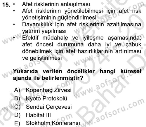 Sürdürülebilir Kentsel Dayanıklılık Dersi 2024 - 2025 Yılı (Vize) Ara Sınav Soruları 15. Soru