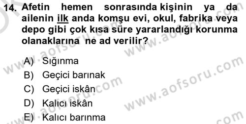 Afet Yönetimi 1 Dersi 2023 - 2024 Yılı Yaz Okulu Sınav Soruları 14. Soru