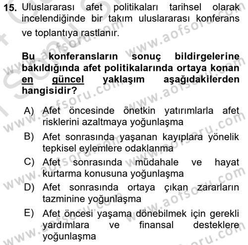 Kent, Planlama ve Afet Risk Yönetimi Dersi 2023 - 2024 Yılı (Final) Dönem Sonu Sınav Soruları 15. Soru