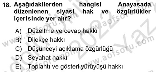 İnsan Hakları Ve Kamu Özgürlükleri Dersi 2022 - 2023 Yılı Yaz Okulu Sınav Soruları 18. Soru