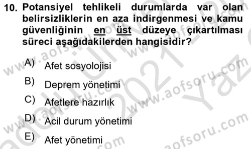 Afet Psikolojisi ve Sosyolojisi Dersi 2021 - 2022 Yılı Yaz Okulu Sınav Soruları 10. Soru