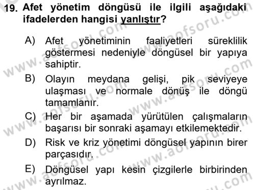 Afet Yönetimi 1 Dersi 2024 - 2025 Yılı (Vize) Ara Sınav Soruları 19. Soru