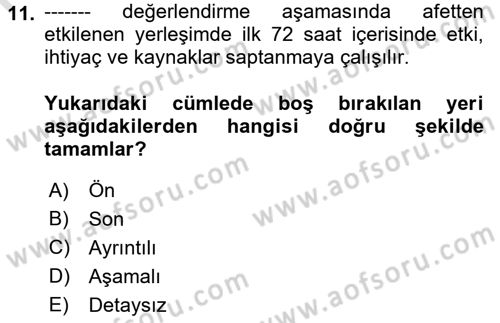 Afet Yönetimi 1 Dersi 2022 - 2023 Yılı (Final) Dönem Sonu Sınav Soruları 11. Soru
