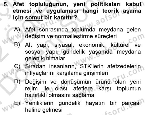 Afet Psikolojisi ve Sosyolojisi Dersi 2021 - 2022 Yılı (Final) Dönem Sonu Sınav Soruları 5. Soru