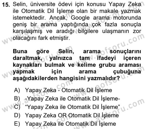 Büro Teknolojileri Dersi 2023 - 2024 Yılı (Vize) Ara Sınav Soruları 15. Soru