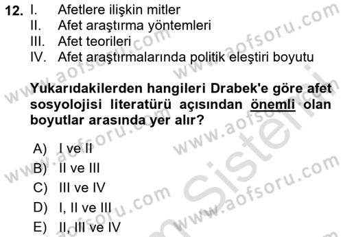 Afet Psikolojisi ve Sosyolojisi Dersi 2023 - 2024 Yılı (Vize) Ara Sınav Soruları 12. Soru