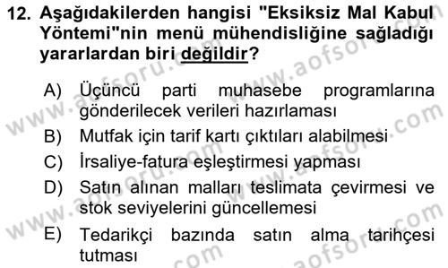 Menü Yönetimi Dersi 2018 - 2019 Yılı Tek Ders Sınav Soruları 12. Soru