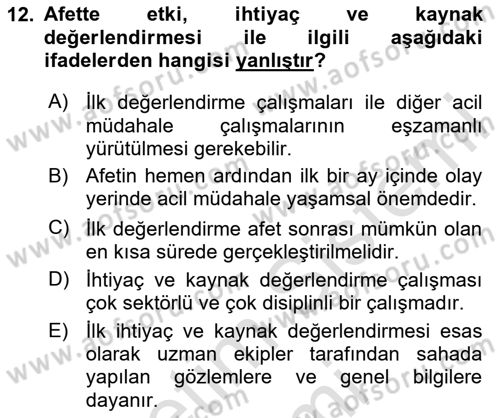 Afet Yönetimi 1 Dersi 2024 - 2025 Yılı (Final) Dönem Sonu Sınav Soruları 12. Soru