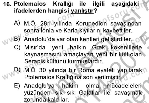 Anadolu Arkeolojisi Dersi 2014 - 2015 Yılı (Final) Dönem Sonu Sınav Soruları 16. Soru