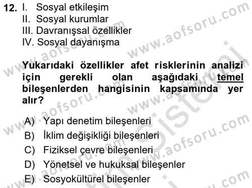 Afet Yönetimi 1 Dersi 2022 - 2023 Yılı (Vize) Ara Sınav Soruları 12. Soru