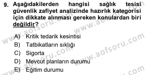 Afet Yönetiminde Sağlık Hizmetleri Dersi 2022 - 2023 Yılı Yaz Okulu Sınav Soruları 9. Soru