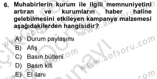 Acil Durum ve Afet Farkındalık Eğitimi Dersi 2019 - 2020 Yılı (Final) Dönem Sonu Sınav Soruları 6. Soru