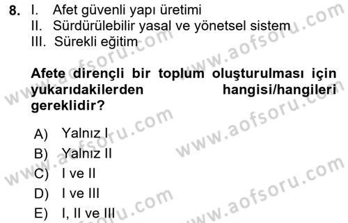 Afet Yönetimi 1 Dersi 2022 - 2023 Yılı (Vize) Ara Sınav Soruları 8. Soru