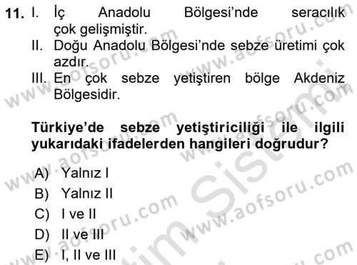 Gıda Coğrafyası Dersi 2019 - 2020 Yılı (Vize) Ara Sınav Soruları 11. Soru