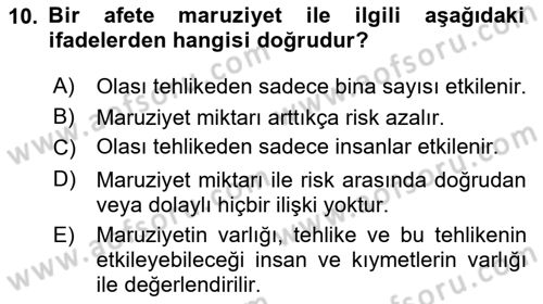 Temel Afet Bilgisi Dersi 2022 - 2023 Yılı Yaz Okulu Sınav Soruları 10. Soru