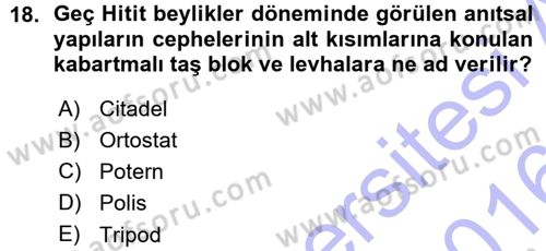 Anadolu Arkeolojisi Dersi 2015 - 2016 Yılı (Vize) Ara Sınav Soruları 18. Soru