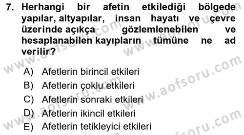 Afet Yönetimi 1 Dersi 2022 - 2023 Yılı (Vize) Ara Sınav Soruları 7. Soru