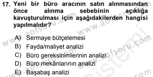 Büro Teknolojileri Dersi 2015 - 2016 Yılı Tek Ders Sınav Soruları 17. Soru