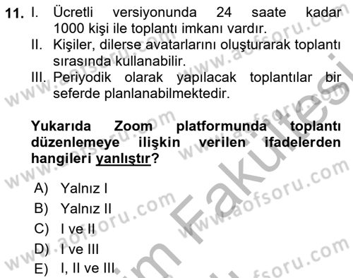 Büro Teknolojileri Dersi 2025 - 2026 Yılı (Vize) Ara Sınav Soruları 11. Soru