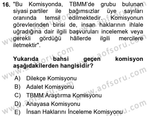 İnsan Hakları Ve Kamu Özgürlükleri Dersi 2023 - 2024 Yılı Yaz Okulu Sınav Soruları 16. Soru