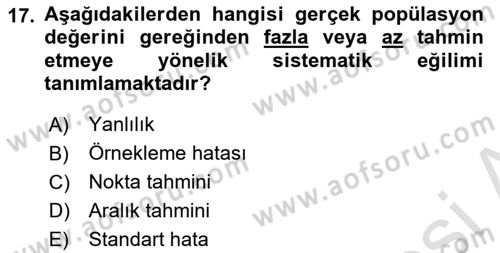 Veri Analizi Ve Değerlendirme Dersi 2025 - 2026 Yılı (Vize) Ara Sınav Soruları 17. Soru