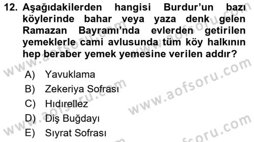 Türk Mutfak Kültürü Dersi 2020 - 2021 Yılı Yaz Okulu Sınav Soruları 12. Soru