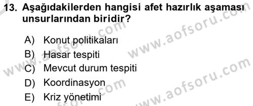 Afet Yönetimi 1 Dersi 2020 - 2021 Yılı Yaz Okulu Sınav Soruları 13. Soru