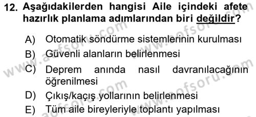 Afet Yönetimi 1 Dersi 2017 - 2018 Yılı (Final) Dönem Sonu Sınav Soruları 12. Soru