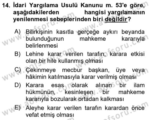 İdari Yargı Dersi 2023 - 2024 Yılı (Final) Dönem Sonu Sınav Soruları 14. Soru