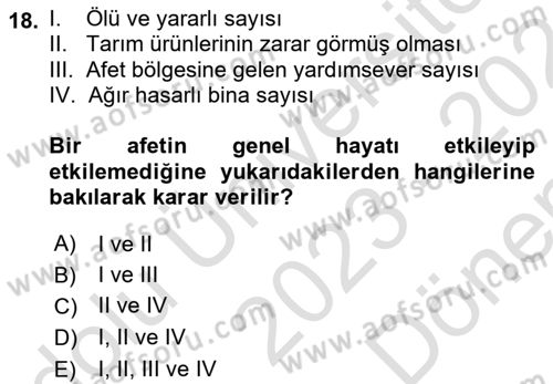 Afet Yönetimi 1 Dersi 2023 - 2024 Yılı (Final) Dönem Sonu Sınav Soruları 18. Soru