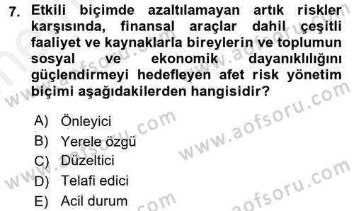 Afet Yönetimi 2 Dersi 2018 - 2019 Yılı (Vize) Ara Sınav Soruları 7. Soru