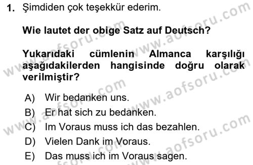 Almanca 2 Dersi 2024 - 2025 Yılı (Vize) Ara Sınav Soruları 1. Soru