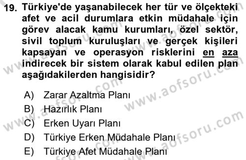 Afet Yönetimi 1 Dersi 2022 - 2023 Yılı (Vize) Ara Sınav Soruları 19. Soru