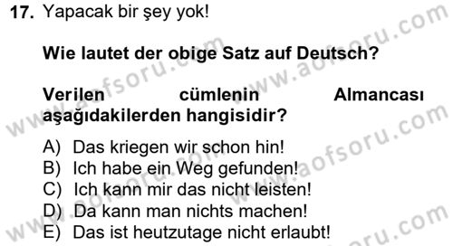 Almanca 2 Dersi 2014 - 2015 Yılı Tek Ders Sınav Soruları 17. Soru