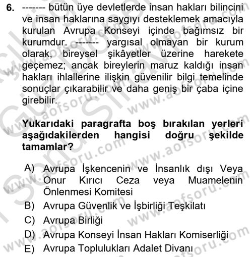 İnsan Hakları Ve Kamu Özgürlükleri Dersi 2019 - 2020 Yılı (Final) Dönem Sonu Sınav Soruları 6. Soru