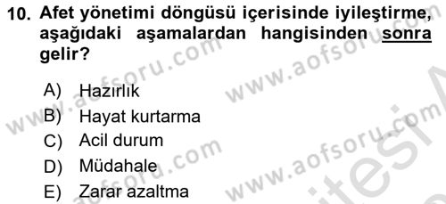 Afet Yönetimi 1 Dersi 2022 - 2023 Yılı Yaz Okulu Sınav Soruları 10. Soru