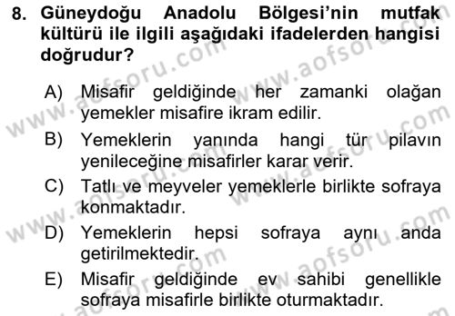 Yöresel Mutfaklar Dersi 2018 - 2019 Yılı 3 Ders Sınav Soruları 8. Soru