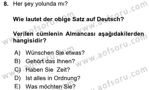 Almanca 1 Dersi 2016 - 2017 Yılı 3 Ders Sınav Soruları 8. Soru